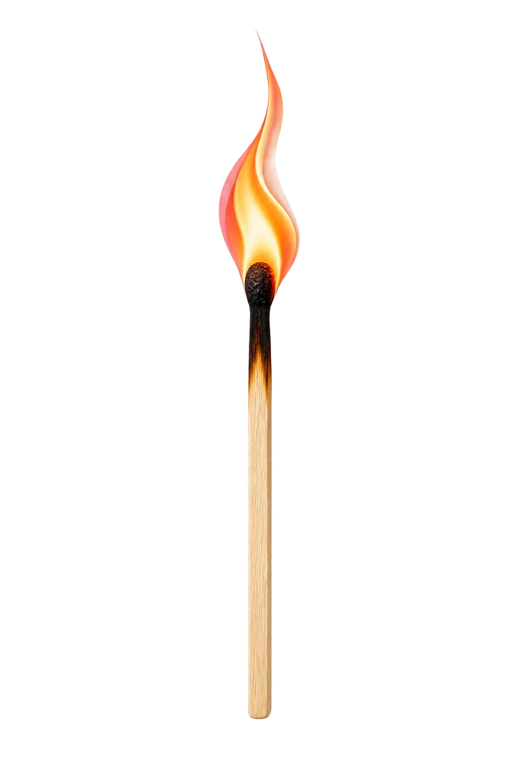 A single wooden match burning against black.